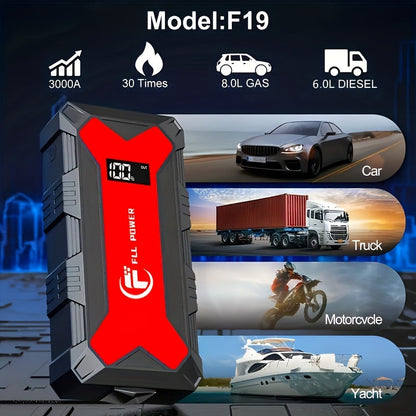 Portable Car Jump Starter Power Pack 1600A–3000A 12V Battery Booster – Compact Emergency Start for Gas & Diesel Engines with USB Charge Ports & LED Flashlight