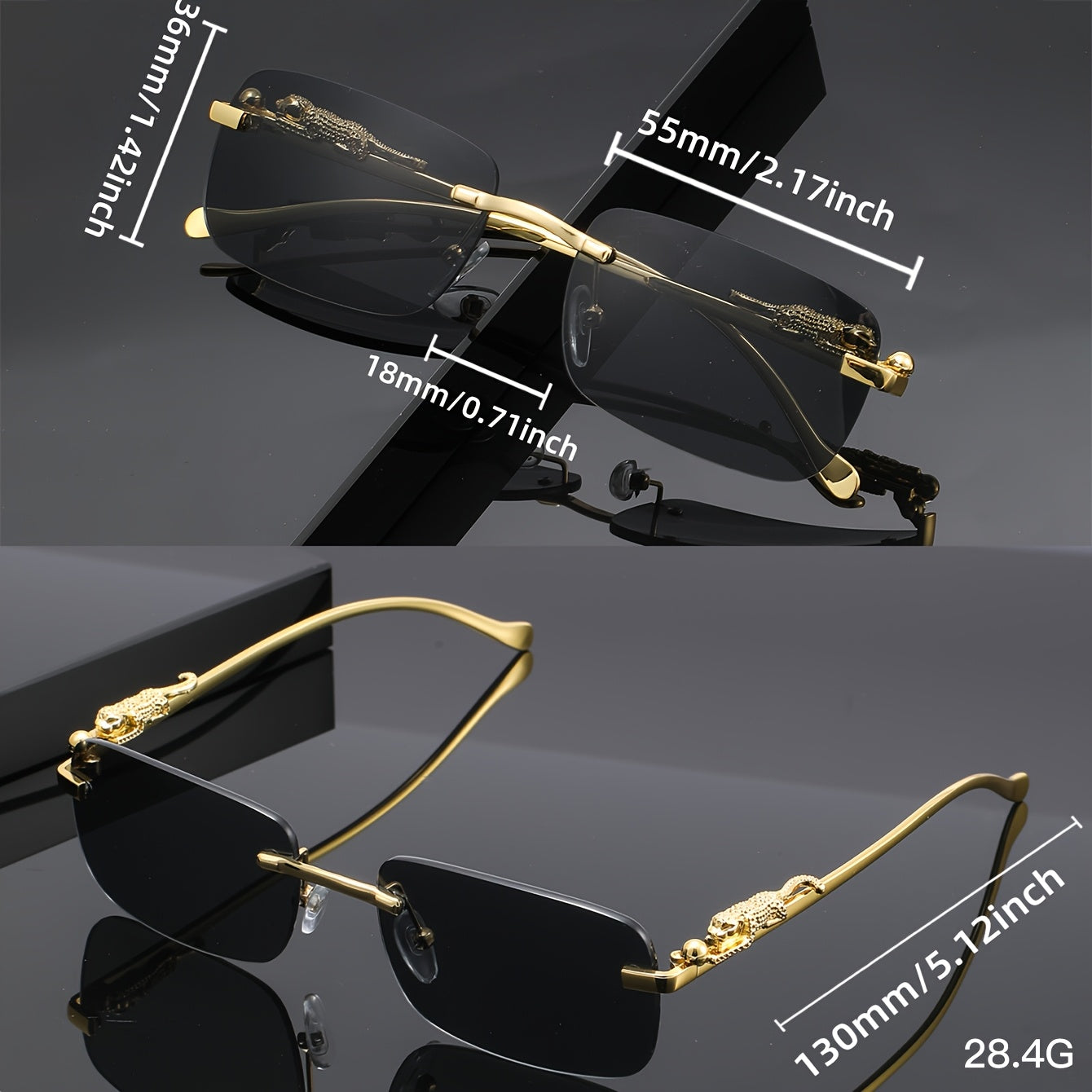 Leopard Print Frameless Square Sunglasses for Men Women – Gold Frame with Case & Cleaning Cloth, Champagne White Gray Lens, Trendy Unisex Eyewear for Casual Outfits, Parties & Photo Props