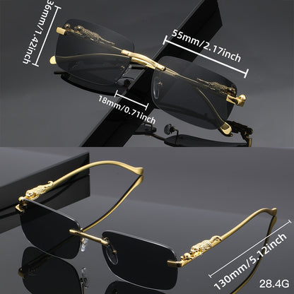 Leopard Print Frameless Square Sunglasses for Men Women – Gold Frame with Case & Cleaning Cloth, Champagne White Gray Lens, Trendy Unisex Eyewear for Casual Outfits, Parties & Photo Props