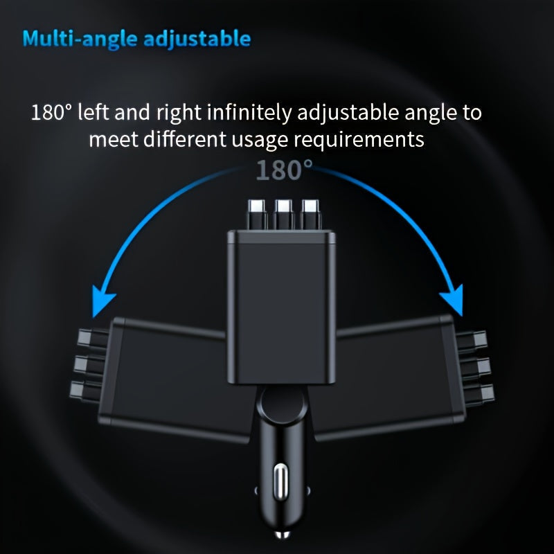 7-in-1 Car Charger with LED Color Light & 3 Retractable Cables – Fast Charging USB Hub, 180° Adjustable, Digital Display, Universal Fit for iPhone Android