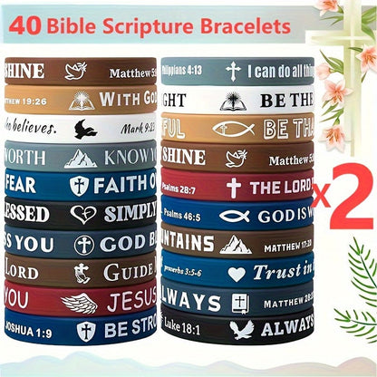 40-Pack Bible Verse Silicone Bracelets Colorful Inspirational Christian Faith Wristbands Unisex Lightweight Daily Wear Church Party Gift