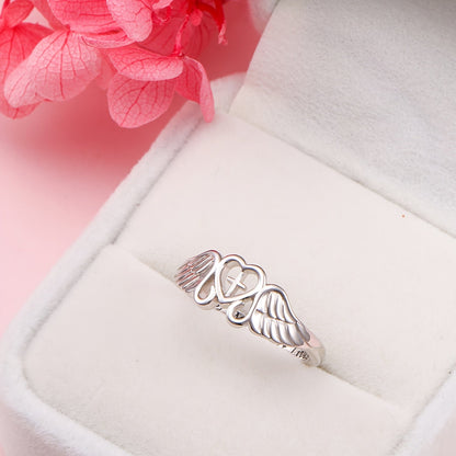 S925 Sterling Silver Angel Wing Memorial Ring – A Piece of My Heart Lives in Heaven, Rhodium Plated, Sympathy Gift for Loss of Mom Dad Grandma Grandpa Daughter Son, Sizes 5-10
