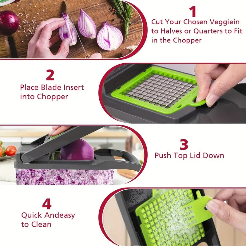 16-in-1 Vegetable Chopper with 8 Blades & Container – Professional Onion Chopper, Multi-Function Food Slicer Dicer for Kitchen, Carrot Chopper Meal Prep Tool, Great Father's Day Gift