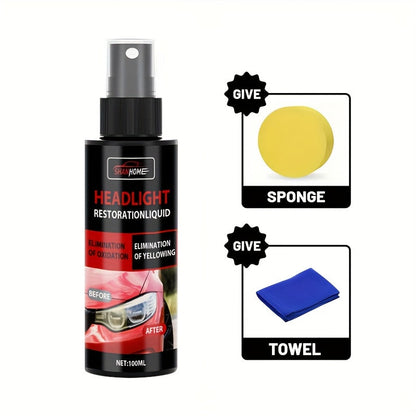 Headlight Restoration Kit – Anti-Yellowing & Oxidation Repair Solution with Protective Coating Spray, Restores Foggy, Hazy & Cloudy Headlights – Includes Sponge & Towel (3.38oz)
