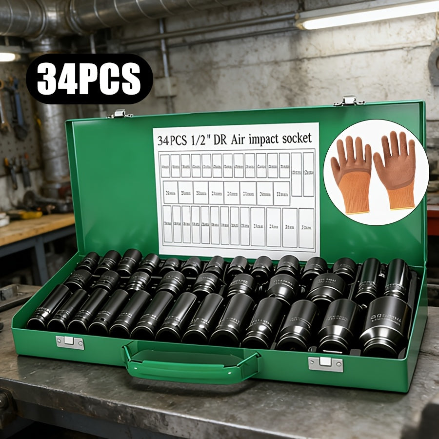 Impact Socket Set CR-V SAE & Metric 6-Point with Ratchet Handle Extension Rod – Choose 34pc 1/2" Drive, 47pc 3/8" Drive, or 53pc Tool Set for Car Repair Home Maintenance & Professional Use