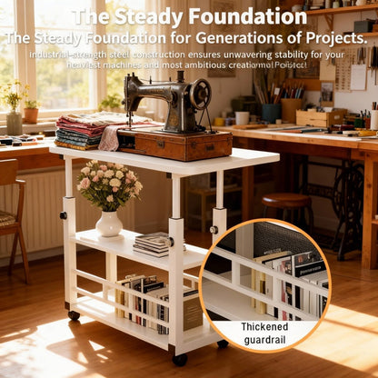 Mobile Craft Table with Adjustable Height & 4 Silent 360° Wheels - Rolling Storage Organizer with Double Shelves for Sewing, Knitting & Crafts, Bedroom & Living Room Use, Available in Black & White