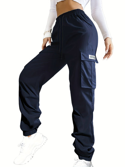 Women's Cargo Pants with Zippered Pockets – Elastic Drawstring Waist Large Pocket Casual Outdoor Trousers Black Grey Green Blue XS-XXL