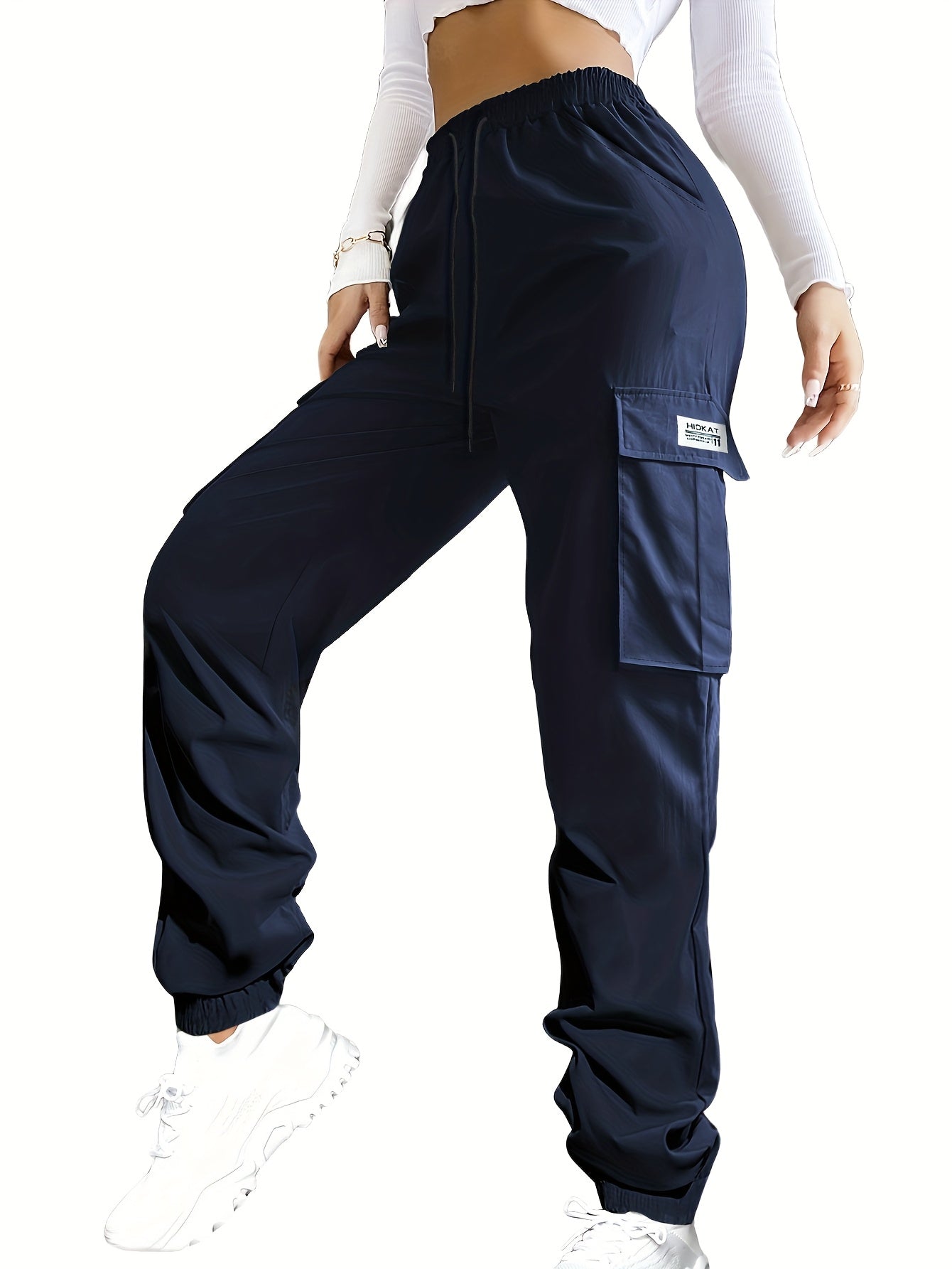 Women's Cargo Pants with Zippered Pockets – Elastic Drawstring Waist Large Pocket Casual Outdoor Trousers Black Grey Green Blue XS-XXL