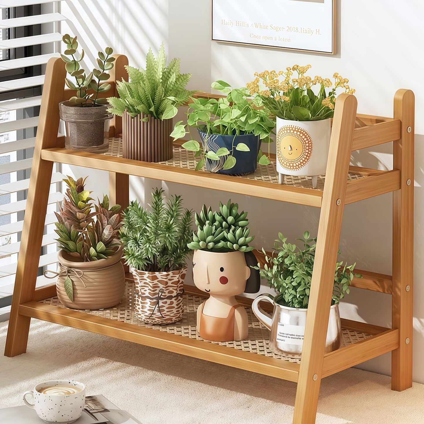 2-Tier Wooden Countertop Shelf Organizer Vintage Trapezoidal Design, Bamboo Desktop Storage Rack for Kitchen Office Bedroom, Space-Saving Counter Shelf for Coffee Cups Books Decor – 1 or 2 Pack, Large & Medium