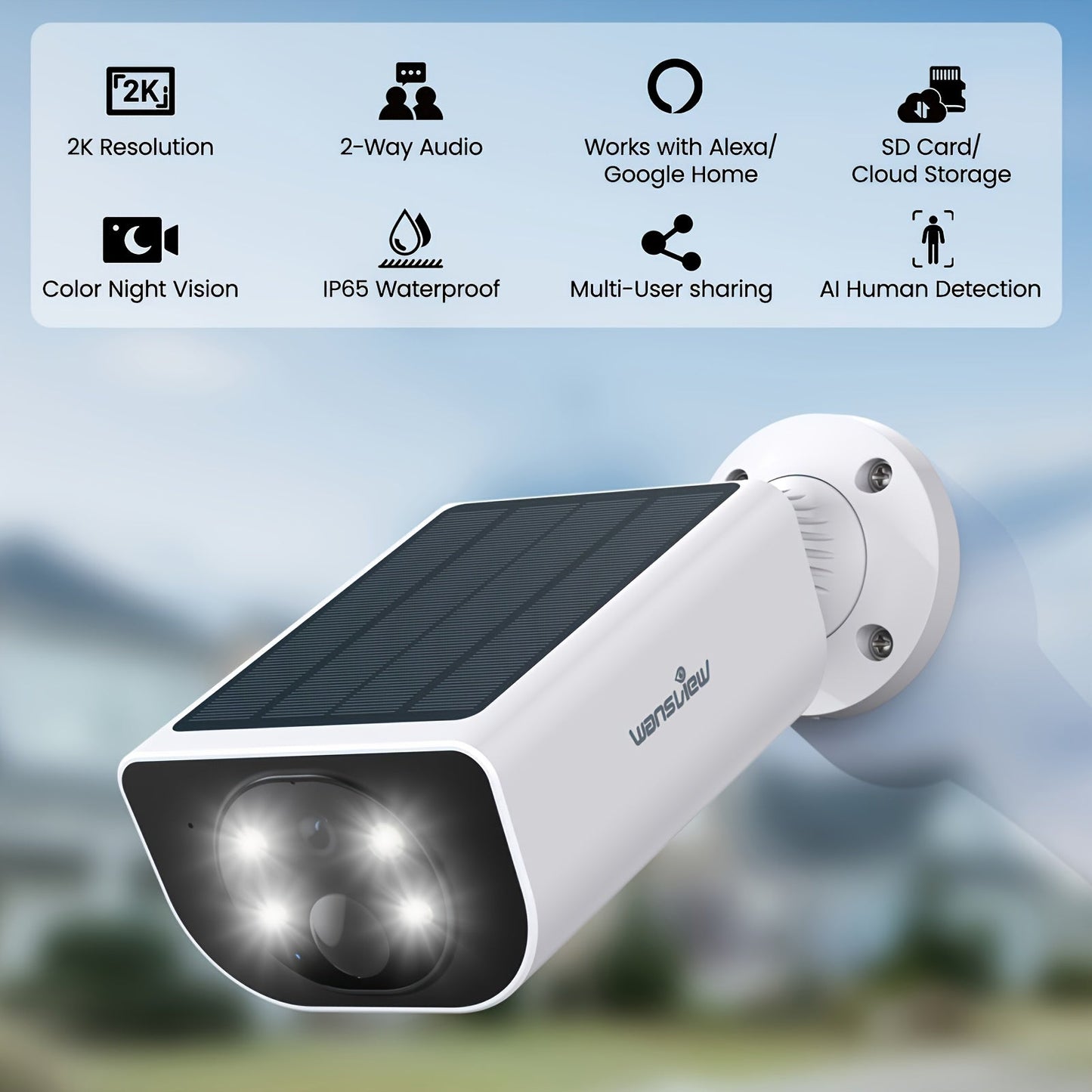Wansview Solar Security Camera Outdoor Wireless 2K HD – Color & Infrared Night Vision, PIR AI Motion Detection, Two-Way Audio, IP65, SD Card & Cloud Storage, Alexa & Google Home Compatible, 1-4 Pack