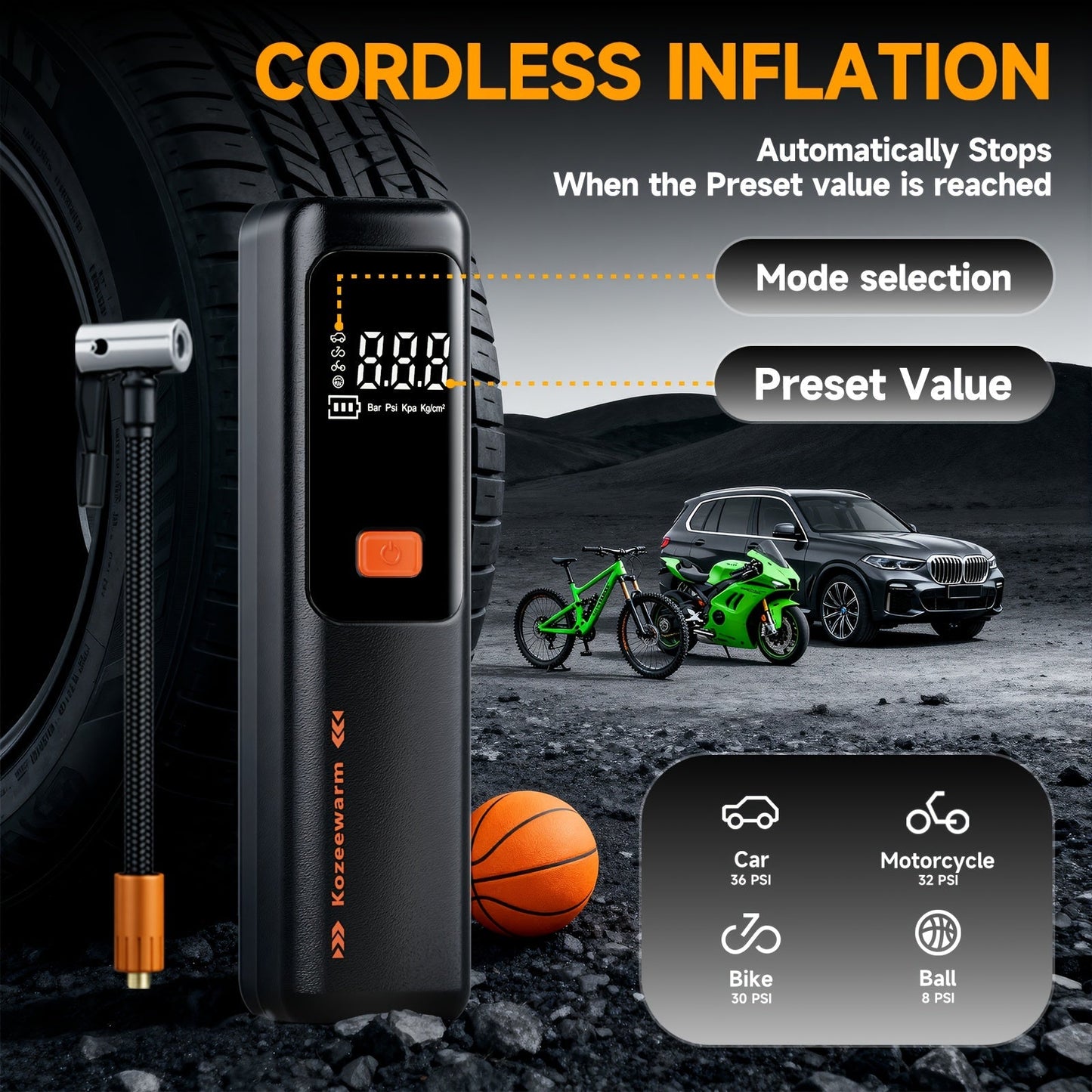 Cordless Tire Inflator Portable Air Compressor with Digital Pressure Gauge, USB Rechargeable, 3X Fast Inflation for Car, SUV, Truck, Bike, Motorcycle, Ball & Sports Equipment – Compact Auto Air Pump