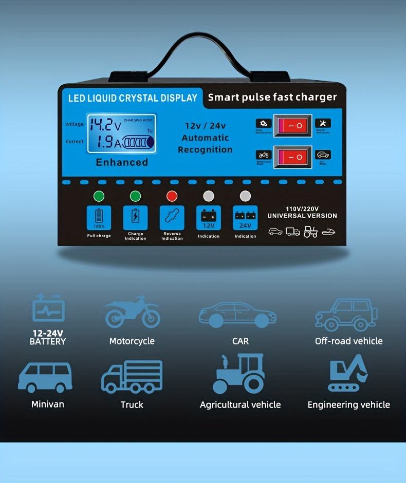 12V 24V Smart Battery Charger with LCD Display – Intelligent Trickle Charging, Overcharge & Short Circuit Protection, Universal Fit for Car, Truck, Motorcycle, Yacht & RV Batteries, Automatic Battery Maintainer & Conditioner