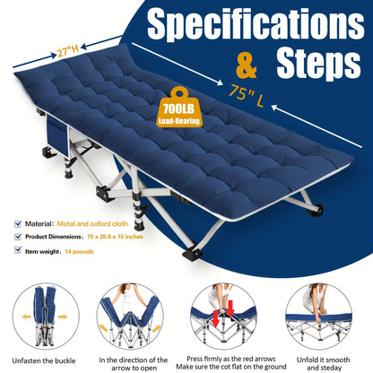 Folding Camping Cot with Mattress 75"-79" – Heavy Duty Portable Sleeping Cot for Adults Kids & Teens, Max Load 700-900lbs, for Camping Home Office Beach Garden & Fishing