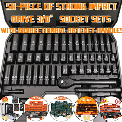 Impact Socket Set 3/8" Drive CR-V Steel – 50 to 999 Piece Ratchet Kit with Adapter, Common SAE & Metric Sizes for Auto Repair, DIY Home Projects & Professional Mechanics