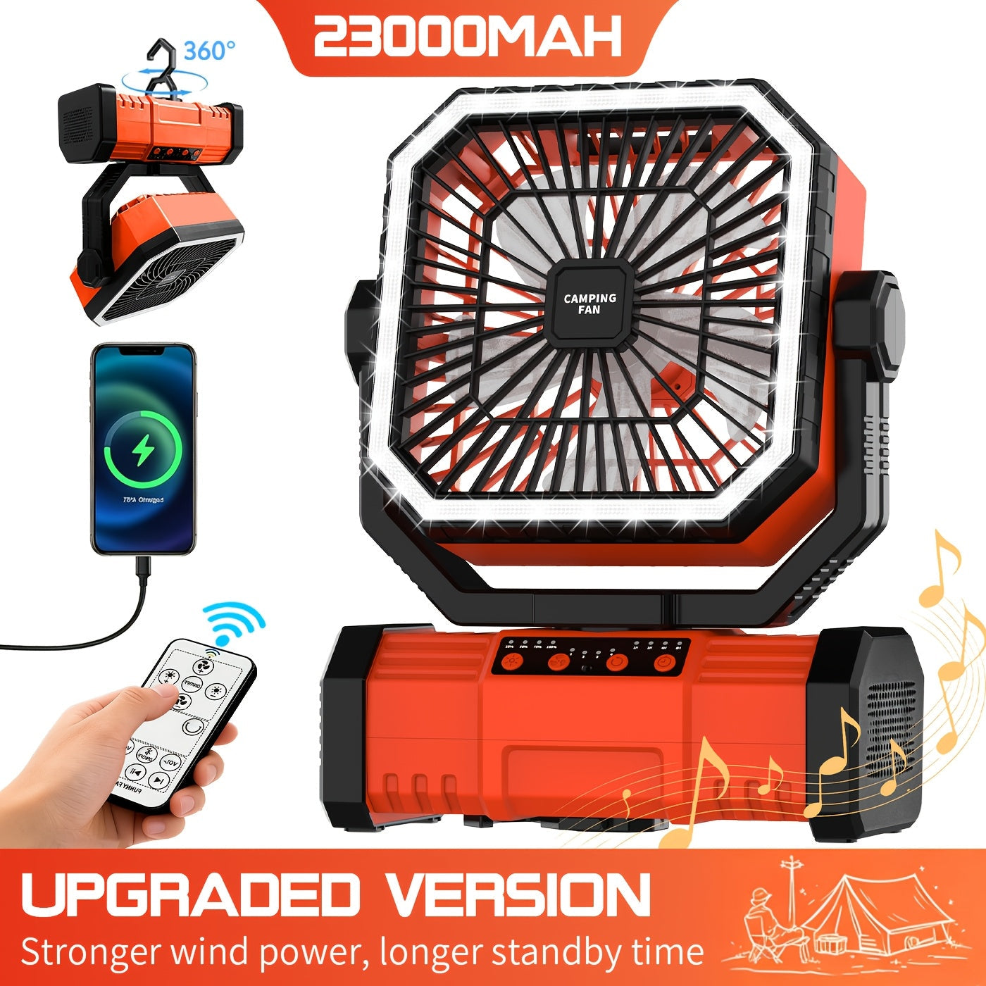 20000mAh Portable Camping Fan with Remote Control, LED Lights, 4 Speeds & 360° Rotation – Rechargeable Battery Operated Oscillating Tent Fan for Outdoor Camping, RV & Travel