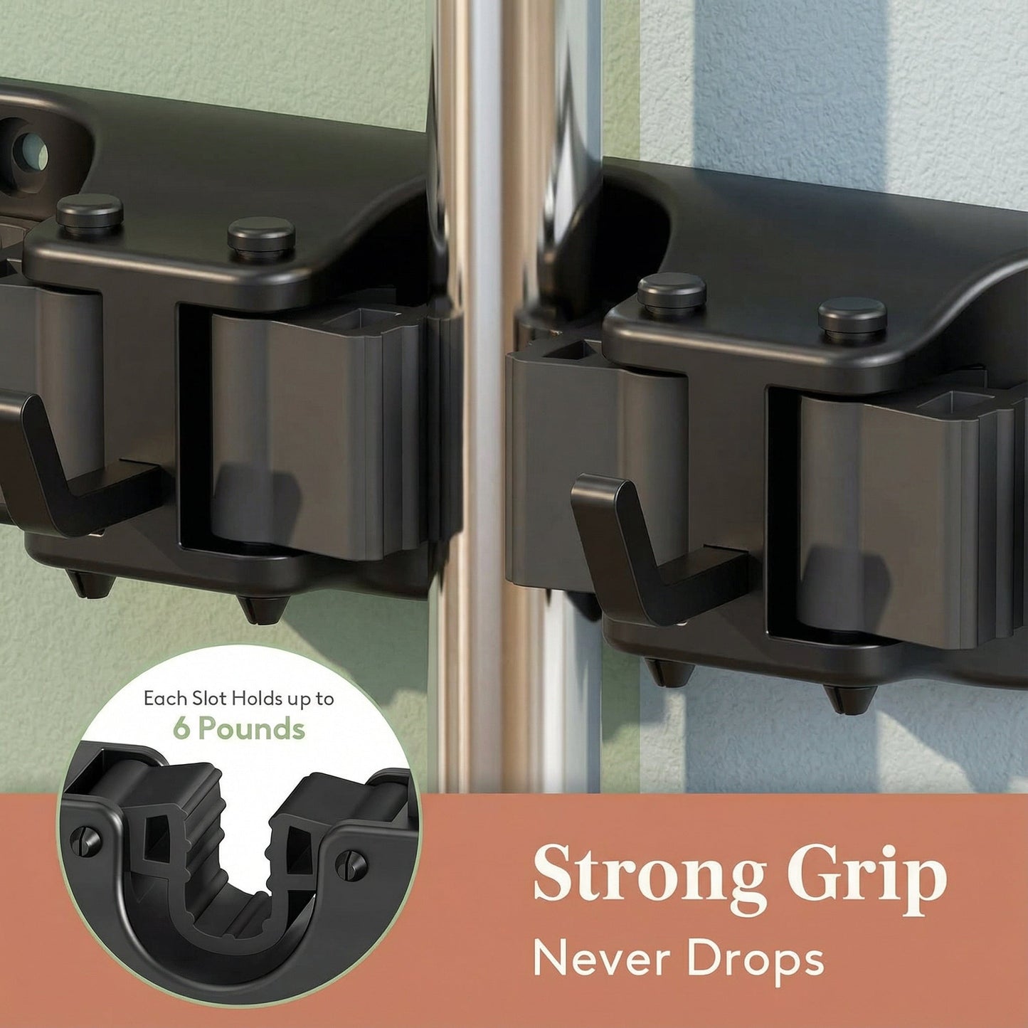 Wall-Mounted Mop and Broom Holder Organizer 5 Slots 6 Hooks Heavy-Duty Non-Slip Cleaning Tool Rack for Home Garage Kitchen Laundry Room Boat – Easy Install on Any Surface