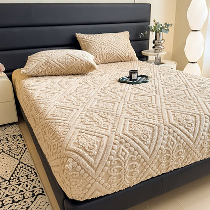 European Embossed Soft Bed Sheet Deep Pocket All Season | Super Soft Machine Washable Mattress Cover | Twin Full Queen King Bedding | Warm Breathable Fitted Sheet | White Gray Khaki Blue Green
