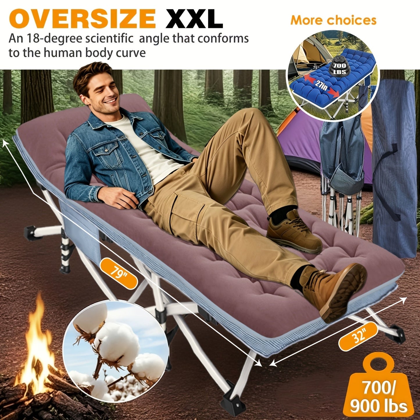 XXL 32-Inch Wide Camping Cot with Mattress – 1200D Oxford Heavy-Duty Folding Sleeping Cot with Carry Bag for Adults, Extra Wide Portable Outdoor Bed for Camping Hiking Travel & Guest Use
