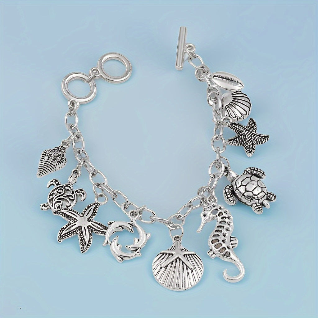 S925 Silver Ocean Charm Bracelet for Women – Seahorse, Turtle, Dolphin, Starfish, Conch & Scallop Pendant Chain, Elegant Marine Animal Jewelry Friendship Gift for Summer & Vacation