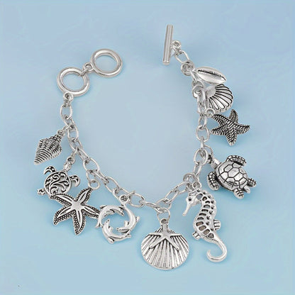 S925 Silver Ocean Charm Bracelet for Women – Seahorse, Turtle, Dolphin, Starfish, Conch & Scallop Pendant Chain, Elegant Marine Animal Jewelry Friendship Gift for Summer & Vacation