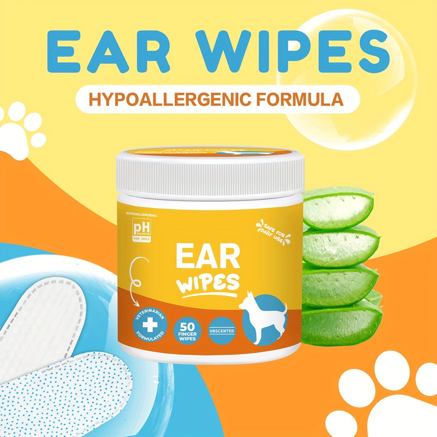 Dog Ear Cleaner Wipes with Finger Wipe Design - Soothing Deodorizing Itch Relief Coconut Scent Pet Ear Cleaning Wipes for All Dog Breed Sizes, Gentle and Easy to Use at Home