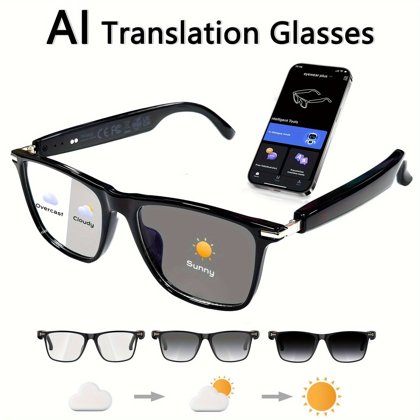 AI Smart Glasses Real-Time Translation 160+ Languages ChatGPT System Bluetooth 5.3 Built-in Mic Speaker – HD Voice Calls HiFi Music Smart Audio Glasses Unisex Men Women