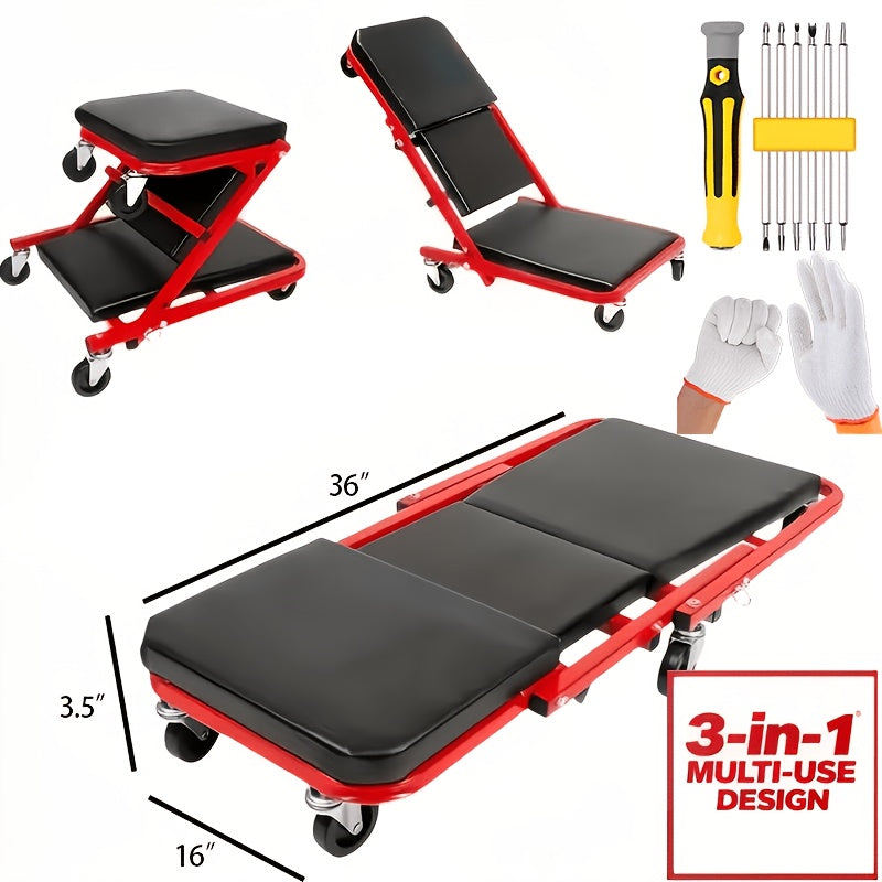 36 Inch Folding Mechanic Creeper Z-Crawl Board with 6 Swivel Wheels – Adjustable Load Board Car Crawl Seat with Tool Kit, Deck Repair & Tire Repair Accessories, DIY Auto Mechanic Gift for Men, Husbands & Car Enthusiasts
