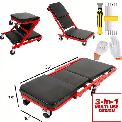 36 Inch Folding Mechanic Creeper Z-Crawl Board with 6 Swivel Wheels – Adjustable Load Board Car Crawl Seat with Tool Kit, Deck Repair & Tire Repair Accessories, DIY Auto Mechanic Gift for Men, Husbands & Car Enthusiasts