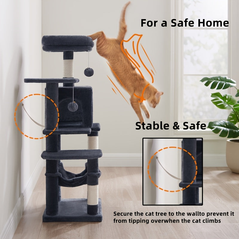 Multi-Level Cat Tree Tower 44-66 Inch with Hammock Sisal Scratching Posts Cozy Cave Perches Anti-Tilt Stable Cat Condo for Multi-Cat Families Kittens & Cats Gift