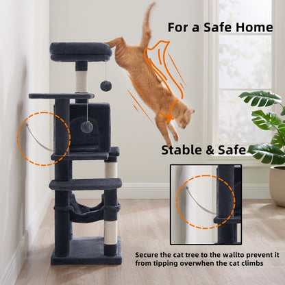 Multi-Level Cat Tree Tower 44-66 Inch with Hammock Sisal Scratching Posts Cozy Cave Perches Anti-Tilt Stable Cat Condo for Multi-Cat Families Kittens & Cats Gift