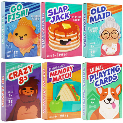 6-in-1 Kids Card Games Set with 6 Decks – Go Fish, Old Maid, Crazy Eights, Memory Match, Slap Jack & Animal Cards | Family Game Night for Ages 4+, Birthday & Christmas Gift, Stocking Stuffer