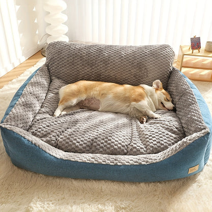 Luxury Plush Pet Sofa Bed with High Backrest – Thick Warm Washable Dog Bed for Large Medium Small Dogs & Cats, All-Season Comfort, Easy-Clean Cover, Sizes S L XL, Grey Blue