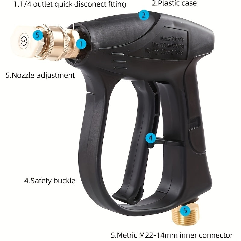 High Pressure Washer Gun 3000 PSI with 5 Spray Nozzles, 1/4" Quick Connect & M22-14 Hose Connector – Car Wash, Garden Irrigation & Patio Cleaning Spray Gun for Pressure Washers