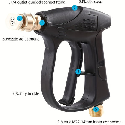 High Pressure Washer Gun 3000 PSI with 5 Spray Nozzles, 1/4" Quick Connect & M22-14 Hose Connector – Car Wash, Garden Irrigation & Patio Cleaning Spray Gun for Pressure Washers