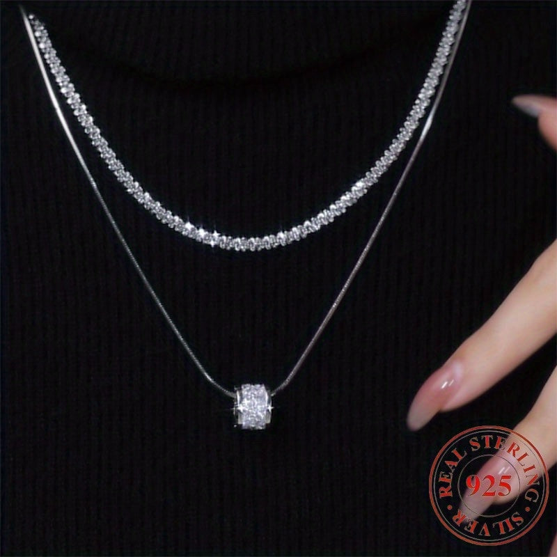 S925 Sterling Silver Double Layer Clavicle Chain Necklace for Women Elegant Cubic Zirconia Sweater Chain Minimalist Fashion Jewelry Daily Wear and Gift All Seasons