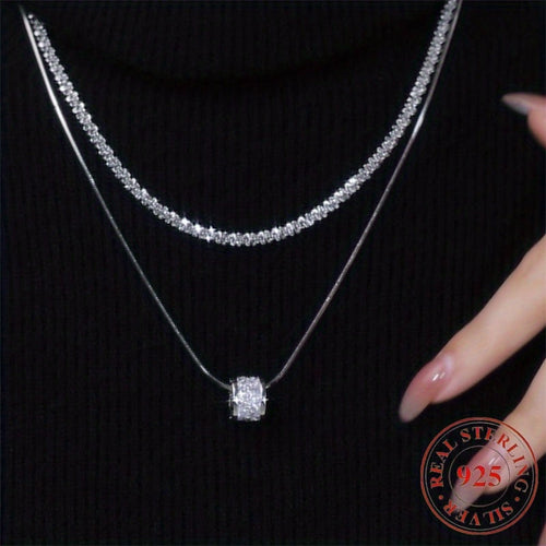S925 Sterling Silver Double Layer Clavicle Chain Necklace for Women Elegant Cubic Zirconia Sweater Chain Minimalist Fashion Jewelry Daily Wear and Gift All Seasons