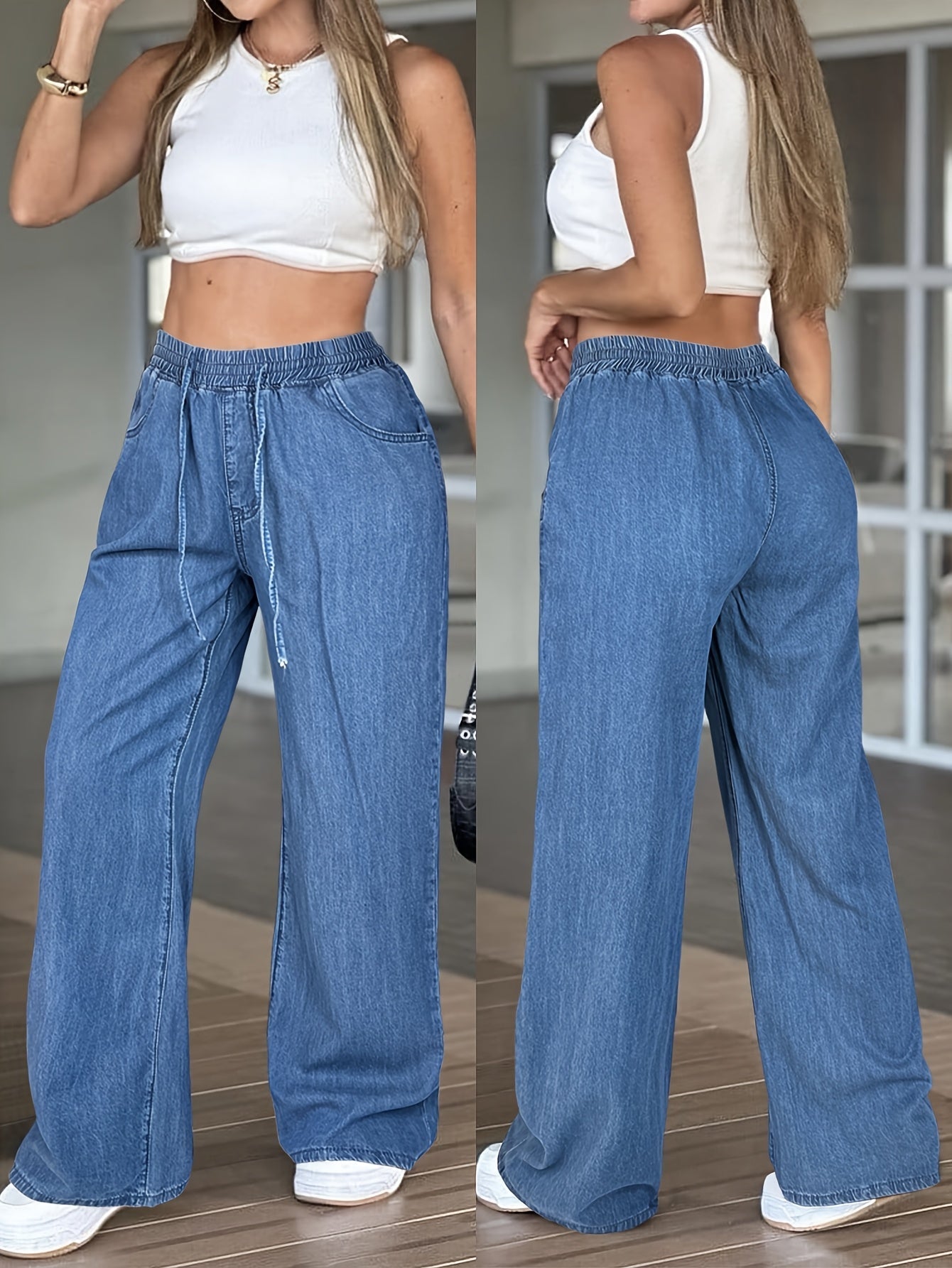 Women's High-Waisted Wide Leg Jeans – Loose Fit Drawstring Elastic Waist, Solid Light Blue, Lightweight All-Season Casual Straight Trousers, Sizes XS-XL, Everyday Comfort Denim