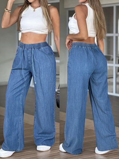 Women's High-Waisted Wide Leg Jeans – Loose Fit Drawstring Elastic Waist, Solid Light Blue, Lightweight All-Season Casual Straight Trousers, Sizes XS-XL, Everyday Comfort Denim