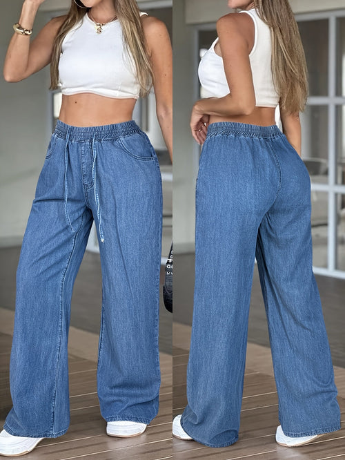 Women's High-Waisted Wide Leg Jeans – Loose Fit Drawstring Elastic Waist, Solid Light Blue, Lightweight All-Season Casual Straight Trousers, Sizes XS-XL, Everyday Comfort Denim