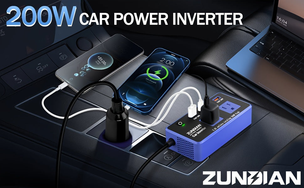 200W Car Power Inverter DC 12V to AC 110V with 24W USB-C & USB-A 4.8A Ports – Vehicle Outlet Adapter for Laptop, Camping, Travel & Road Trip Power Converter