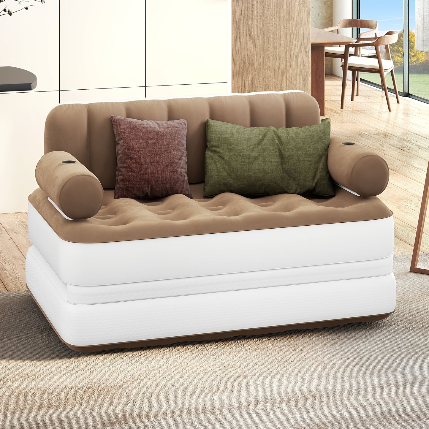 Inflatable Air Sofa Bed 2-in-1 Queen Size – Portable Blow Up Couch & Airbed with Headboard, Cup Holders, External Pump & Storage Bag, 440 lb Capacity for Home, Camping & Guests