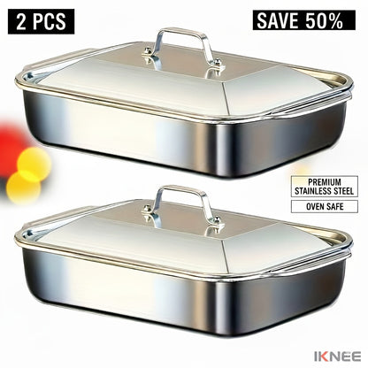 Stainless Steel Baking Pan Set 4-Piece – 2 Deep Roasting Pans & 2 Lidded Pans with Handles, 6-Liter 16.14-Inch Rectangular Baking Dish for Turkey, Lasagna, Fish & Chicken, Dishwasher Safe