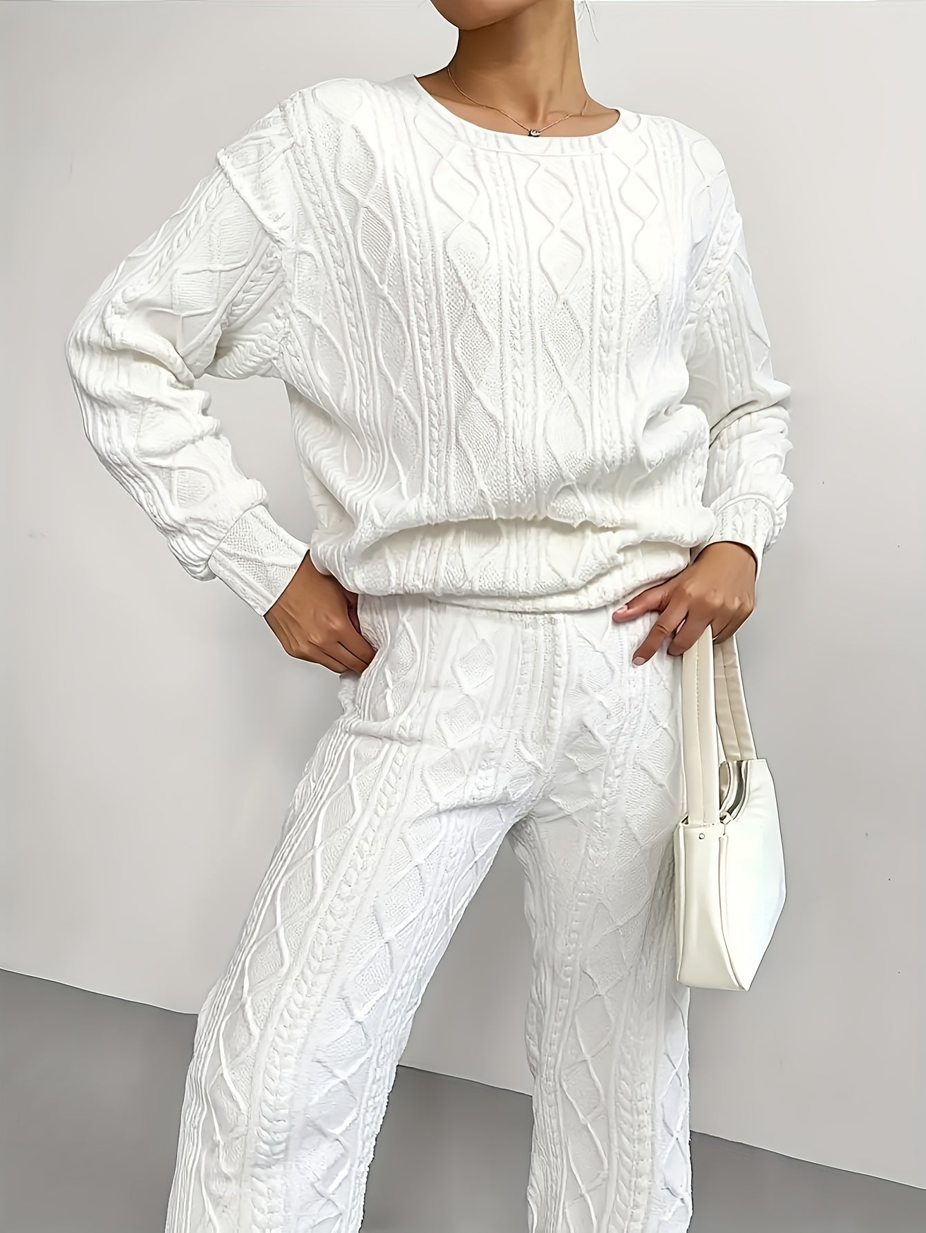 Women's 2-Piece Pullover Sweatsuit Set – Textured Jacquard Crewneck Long Sleeve Top & Sweatpants Tracksuit Breathable Casual Loungewear for Spring Summer S-XXL