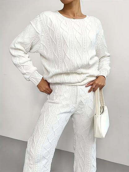 Women's 2-Piece Pullover Sweatsuit Set – Textured Jacquard Crewneck Long Sleeve Top & Sweatpants Tracksuit Breathable Casual Loungewear for Spring Summer S-XXL