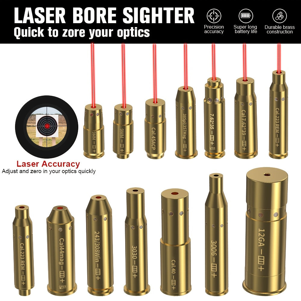 Laser Bore Sight Multi-Caliber Kit for 9mm 45ACP 223REM 308WIN 380ACP 38SPL 12GA – High-Precision Red Laser Boresighter for Rifles & Pistols, Easy Install, Includes 2 Battery Sets