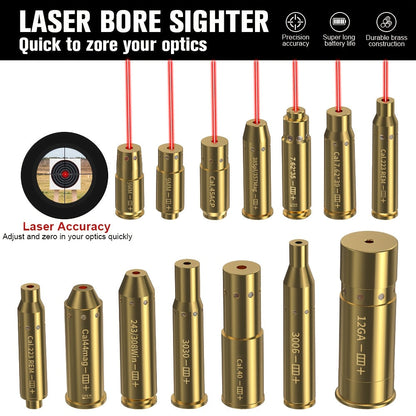 Laser Bore Sight Multi-Caliber Kit for 9mm 45ACP 223REM 308WIN 380ACP 38SPL 12GA – High-Precision Red Laser Boresighter for Rifles & Pistols, Easy Install, Includes 2 Battery Sets