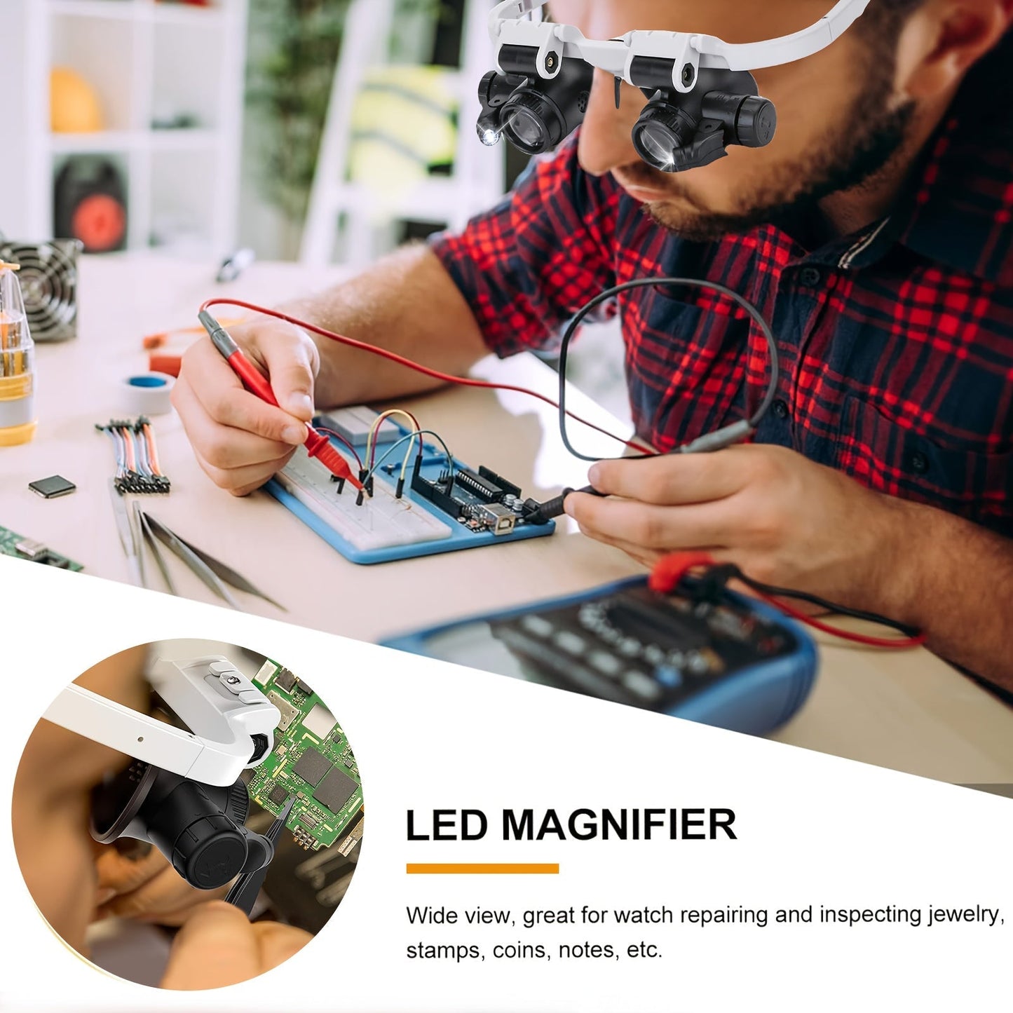 Head-Mounted Magnifying Glass with LED Light Hands-Free 8X 15X 23X Foldable Dual Head – Wearable Magnifier for Jewelry Making, Electronics Repair, Crafts, Reading & Precision Work