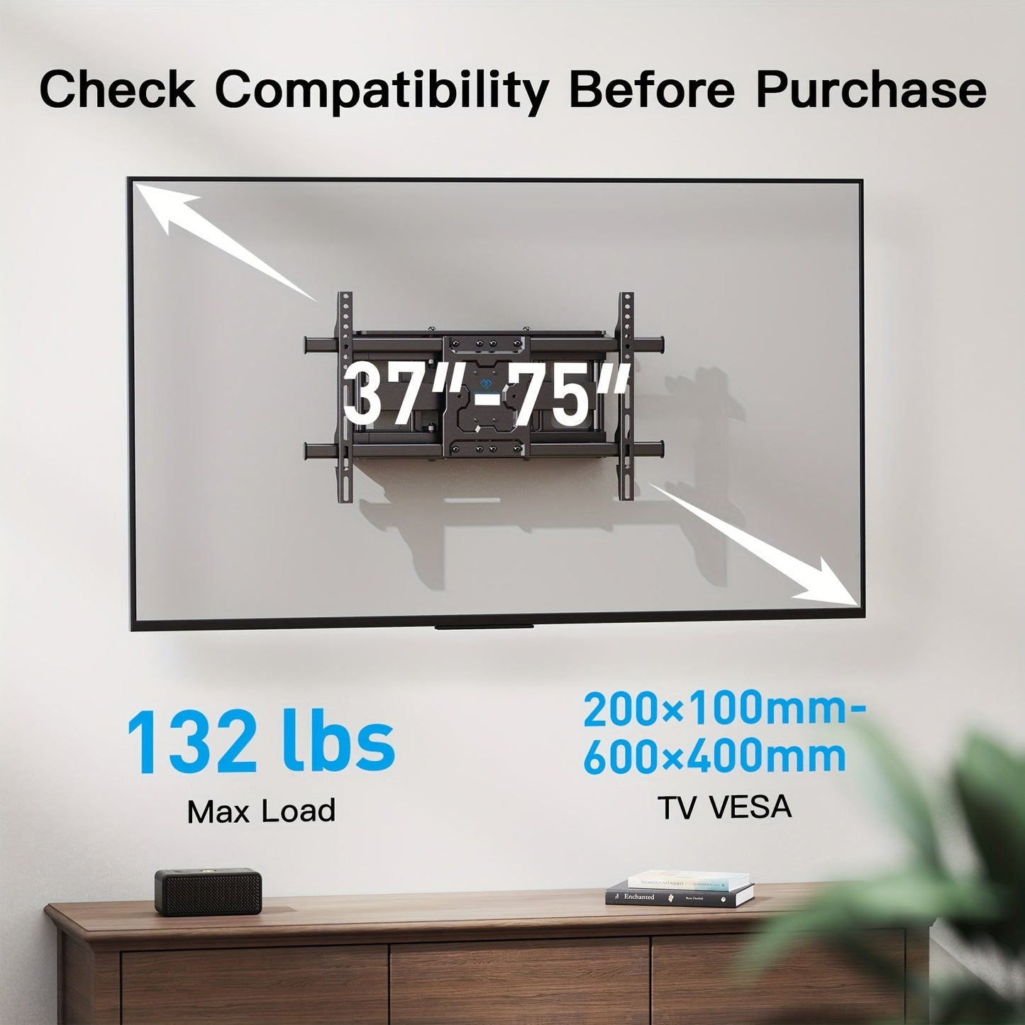 Full Motion TV Wall Mount 37-75 Inch Dual Arm Articulating Swivel Tilt Rotation VESA 600x400mm 132 lbs for OLED LCD LED Flat Curved TVs 24 Inch Extension