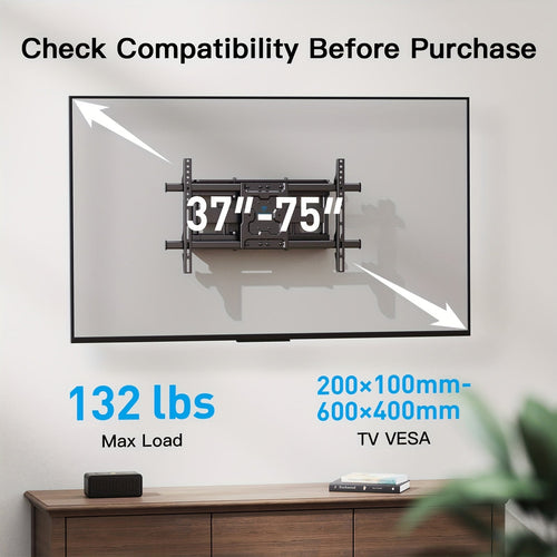 Full Motion TV Wall Mount 37-75 Inch Dual Arm Articulating Swivel Tilt Rotation VESA 600x400mm 132 lbs for OLED LCD LED Flat Curved TVs 24 Inch Extension