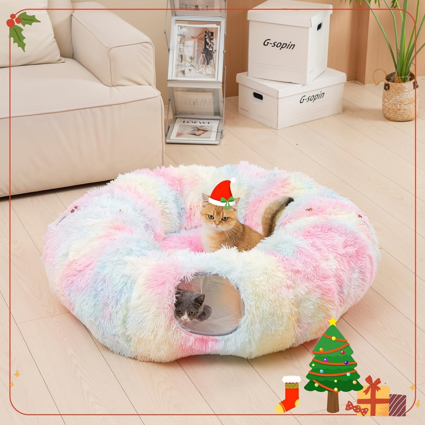 Cat Tunnel with Bed & Donut Peep Hole – Soft Plush Indoor Cat Toy, Multi-functional Hideout & Amusement Park for Cats, Kittens & Rabbits, Includes Pet Scarf, Small Medium Large